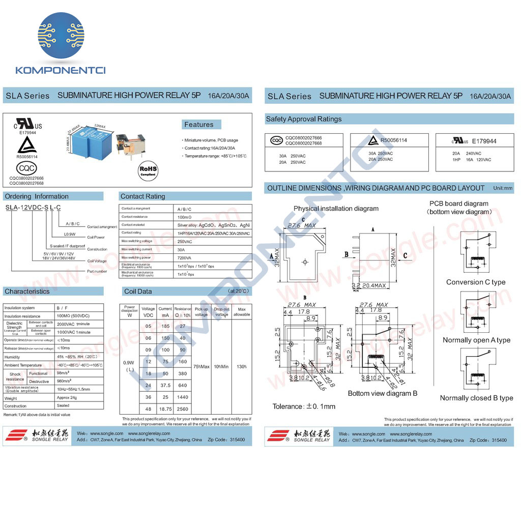 Songle SLA 12VDC SL A 30A 5 Pin Röle Komponentci