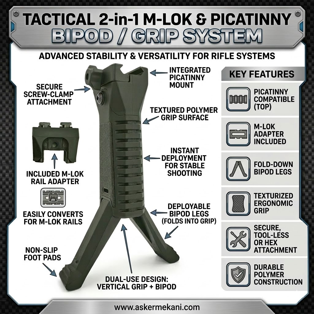 Taktik Bipod Dikey Tutamak  M-LOK & Picatinny Uyumlu Katlanır Bipod Grip Army Green