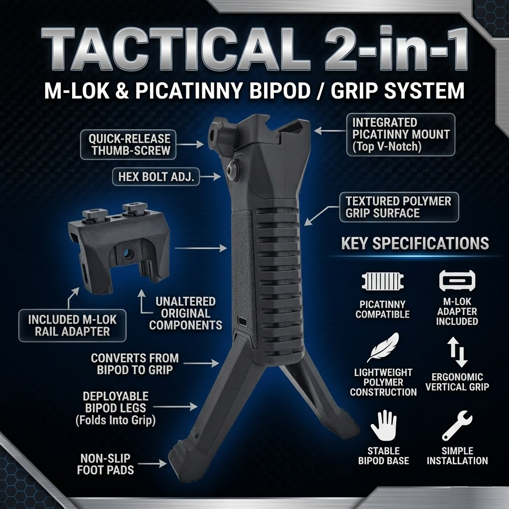 Taktik Bipod Dikey Tutamak  M-LOK & Picatinny Uyumlu Katlanır Bipod Grip Black