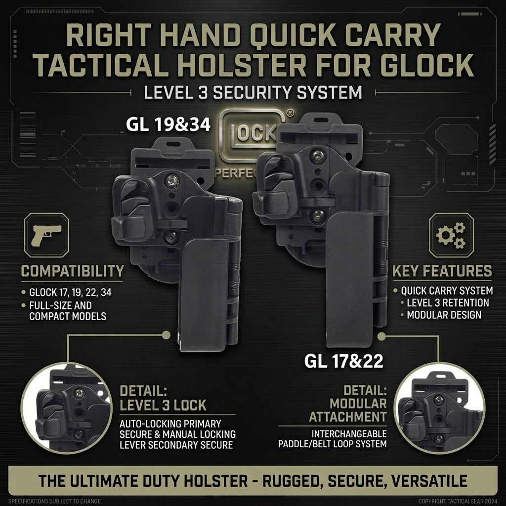 Glock 17 / 19 / 22 / 34 Uyumlu Quick Carry Taktik Tabanca Kılıfı  Ayarlanabilir, Kilitli, Hızlı Çekiş, Polimer Holster