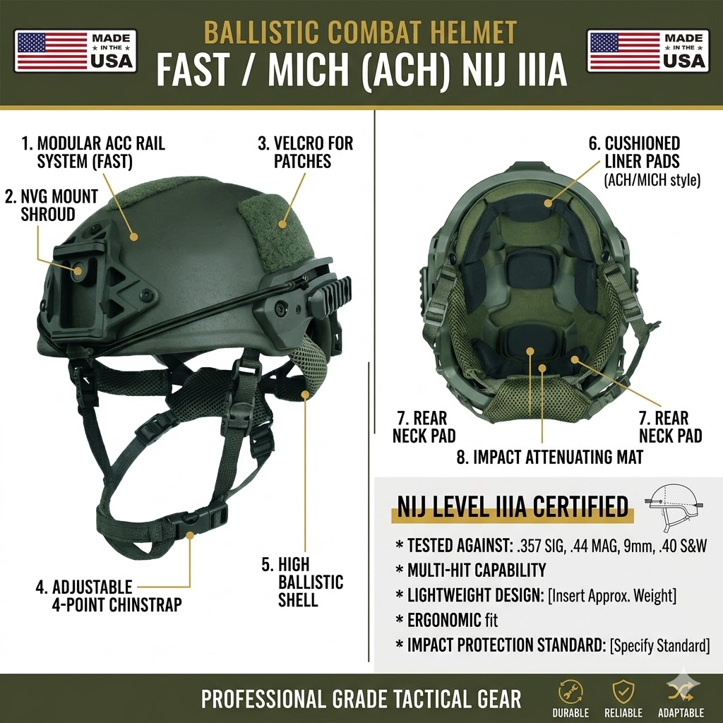 FAST / MICH (ACH) NIJ IIIA Balistik Savaş Kaskı  Kevlar Aramid, Yan Raylı, NVG Uyumlu Army Green