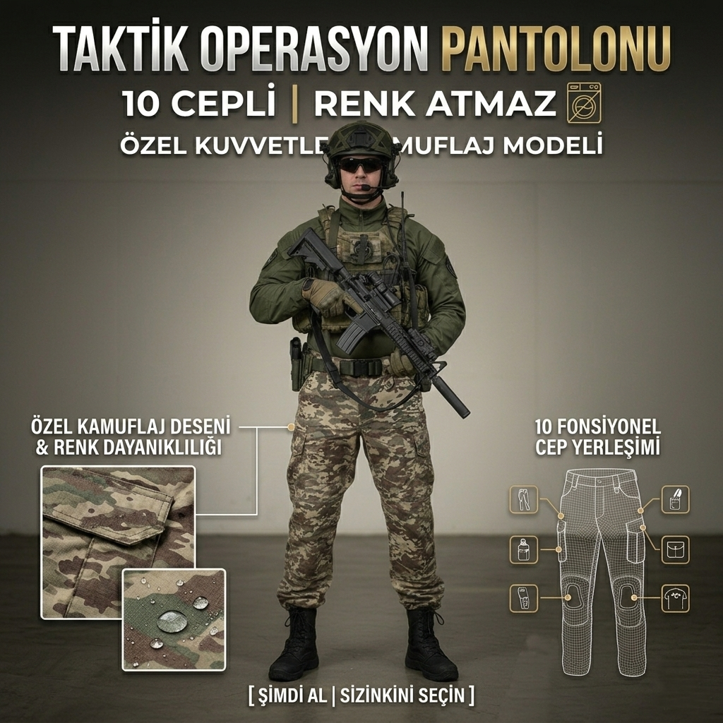Taktik Operasyon Pantolonu  10 Cepli, Renk Atmaz, Özel Kuvvetler Kamuflaj Modeli