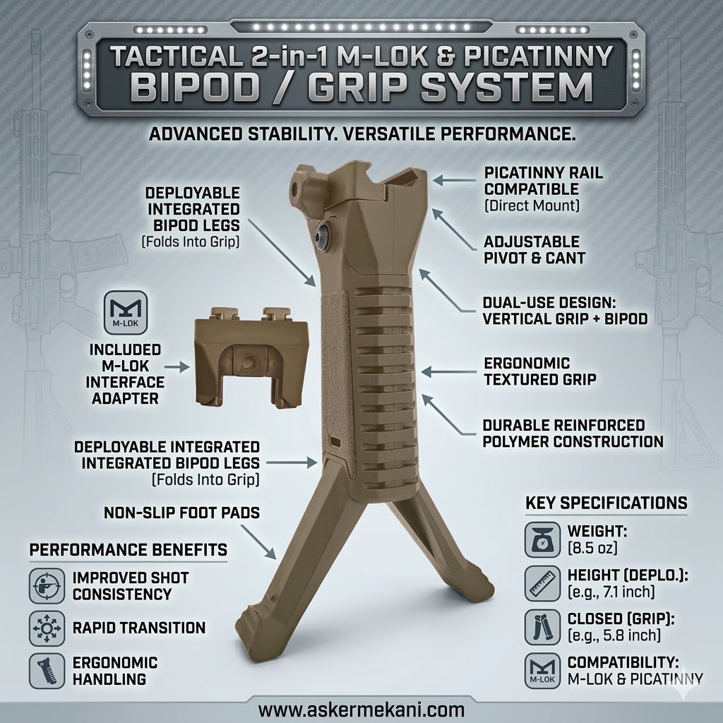 Taktik Bipod Dikey Tutamak  M-LOK & Picatinny Uyumlu Katlanır Bipod Grip TAN