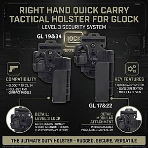 Glock 17 / 19 / 22 / 34 Uyumlu Quick Carry Taktik Tabanca K�l�f� � Ayarlanabilir, Kilitli, H�zl� �eki�, Polimer Holster