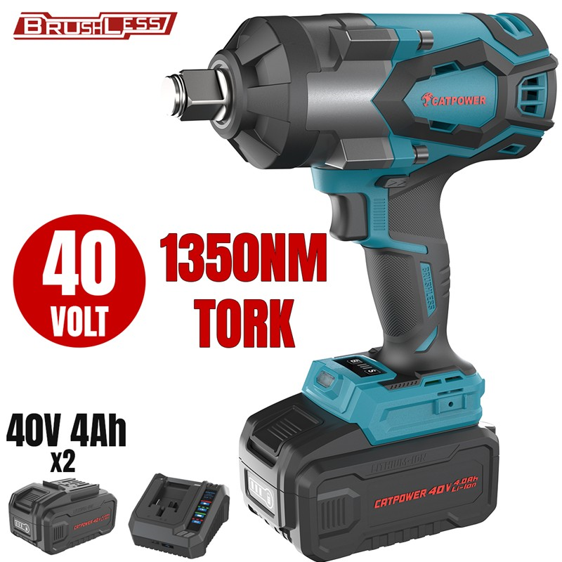 CATPOWER CAT4428 SET KÖMÜRSÜZ AKÜLÜ SOMUN SIKMA 3/4'' Lİ-İON 40V +( 4.0 ah AKÜ 2 ADET)+(Hızlı Şarj Cihazı)