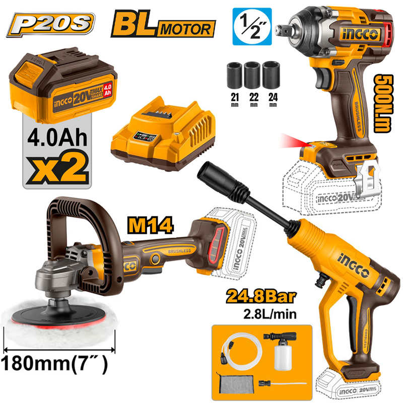 INGCO ING-COSLI250184E Lİ-İON KÖMÜRSÜZ AKÜLÜ 3 Lİ KOMBO SET - POLİSAJ, SOMUN SIKMA VE ARAÇ YIKAMA 20V 4.0 Ah