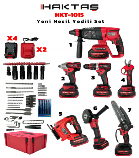 HAKTAŞ HKT-1015 AKÜLÜ 7 Lİ SET (SOMUN+SPREL+MATKAP+HİLTİ+DEKUPAJ+SUNTA+TESTERE)