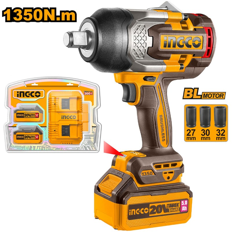 INGCO ING-CIWLI201351-SET Li-ion Kömürsüz Akülü Somun Sıkma 3/4" 20V 1350Nm + Li-ion Akü ve Şarj Cihazı Seti 20V 5.0Ah (ING-FBCPK2425E)