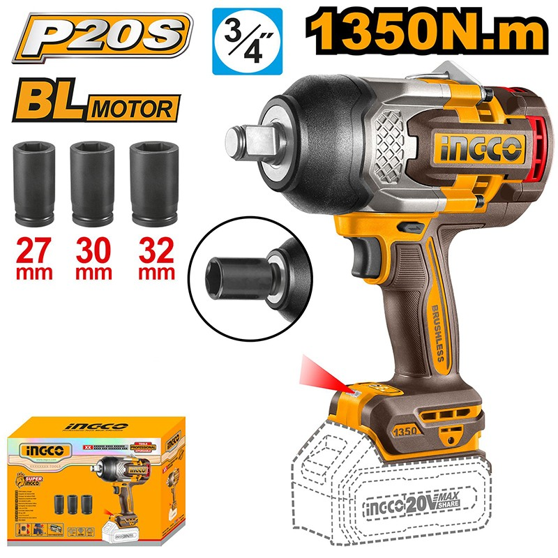 INGCO ING-CIWLI201351 Li-ion Kömürsüz Akülü Somun Sıkma 3/4" 20V 1350Nm