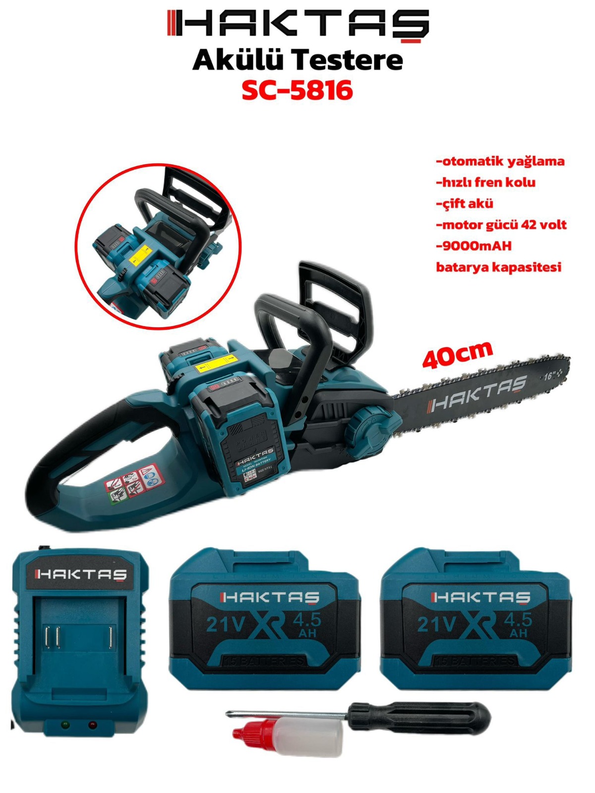 HAKTAŞ SC-5816 16" ŞARJLI ZİNCİRLİ TESTERE 2 BATARYA (15 PİLLİ)
