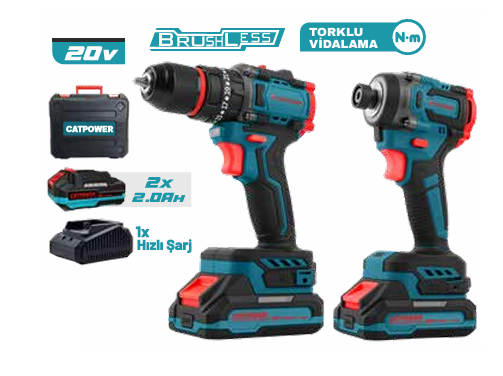 CATPOWER CAT5165 KÖMÜRSÜZ AKÜLÜ SET MATKAP VE TORKLU VİDALAMA Lİ-İON 20V 2.0Ah