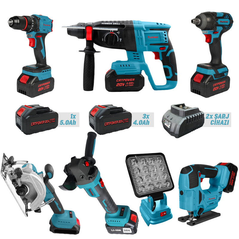 CATPOWER CAT1377 KÖMÜRSÜZ AKÜLÜ SET DARBELİ VİDALAMA, SOMUN SIKMA, KIRICI DELİCİ, AVUÇ TAŞLAMA, DEKUPAJ, SUNTA KESME, LED PROJEKTÖR Lİ-İON 20V 4