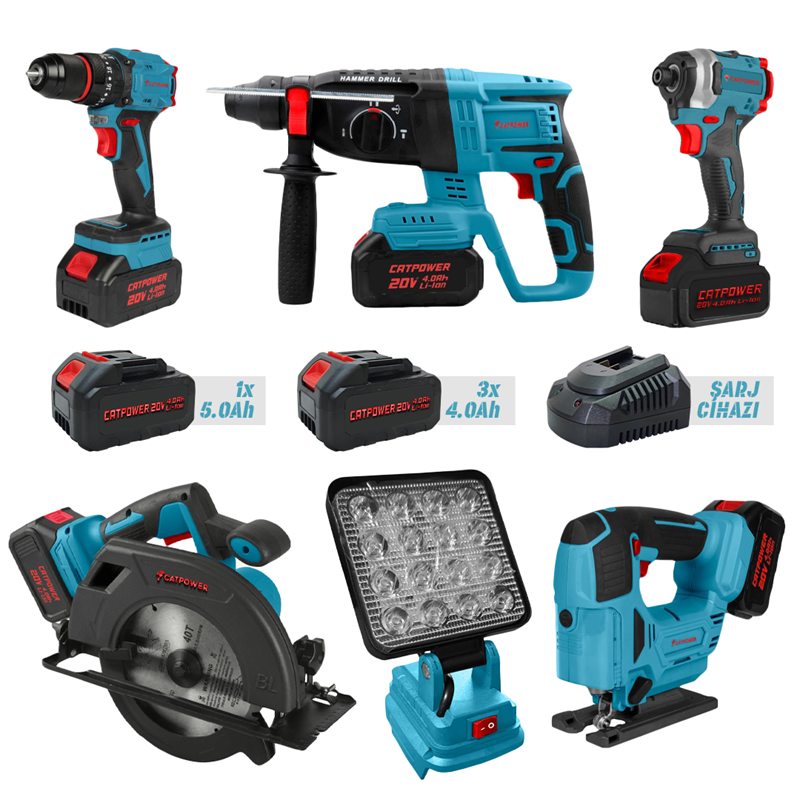 CATPOWER CAT1376 KÖMÜRSÜZ AKÜLÜ SET DARBELİ VİDALAMA, TORKLU VİDALAMA, KIRICI DELİCİ, DEKUPAJ, SUNTA KESME, LED PROJEKTÖR Lİ-İON 20V 4.0Ah