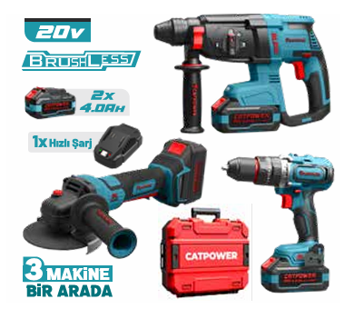 CATPOWER CAT5170 KÖMÜRSÜZ AKÜLÜ SET AVUÇ TAŞLAMA, DARBELİ VİDALAMA VE KIRICI DELİCİ Lİ-İON 20V 4.0Ah