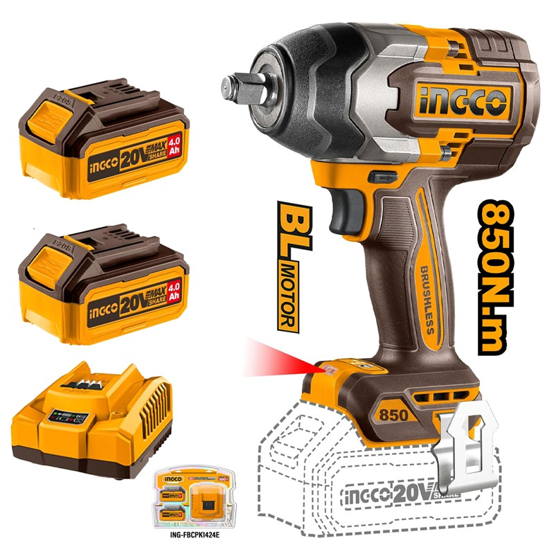 INGCO ING-CIWLI20851-SET Li-ion Akülü Somun Sıkma 1/2" 20V 4.0Ah + Li-ion Akü ve Şarj Cihazı Seti 20V 4.AH (ING-FBCPK1424E)
