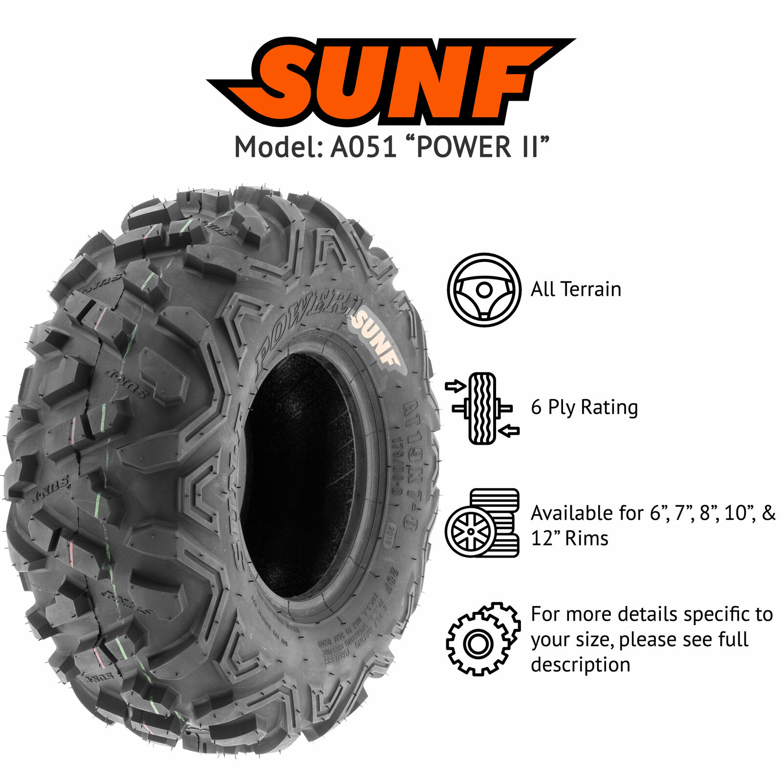 SunF A030 22x10-8 ATV UTV Tires - 6-Ply Knobby All-Terrain Tubeless Tires For Off-Road & Mud