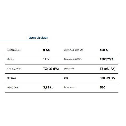 Varta TTZ10S-BS 12V9AH Bak�ms�z AGM (FA) Jel Motosiklet Ak�s�