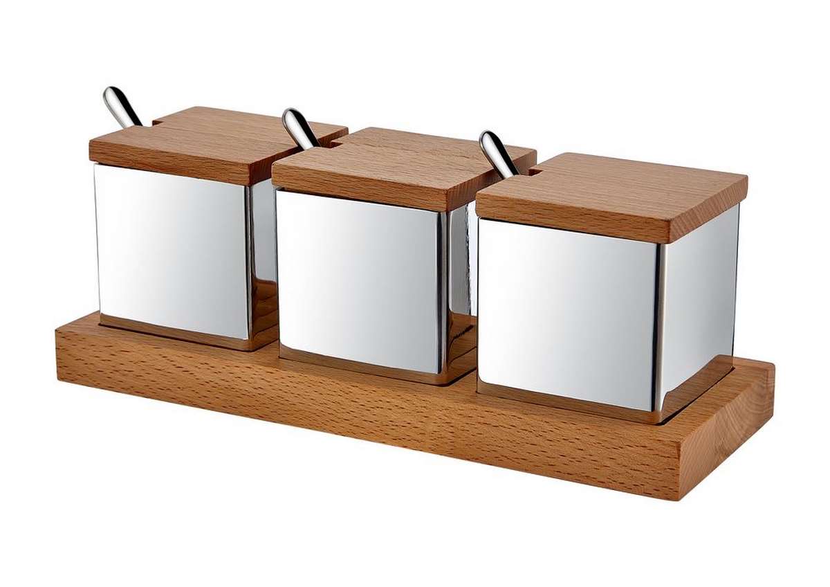 Biradlı  Ahşap Standlı Kare 3'Lü Baharatlık Tk.