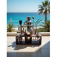 (5) Profesyonel Kokteyl Haz�rlama Seti - Ah�ap Standl� 12 Par�a 750 Ml Shaker