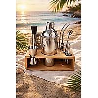 (3) Profesyonel Kokteyl Haz�rlama Seti - Ah�ap Standl� 12 Par�a 750 Ml Shaker