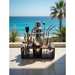 (5) Profesyonel Kokteyl Haz�rlama Seti - Ah�ap Standl� 12 Par�a 750 Ml Shaker