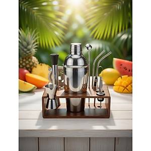 (5) Profesyonel Kokteyl Haz�rlama Seti - Ah�ap Standl� 12 Par�a 750 Ml Shaker
