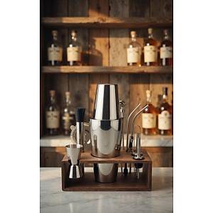 (6) Profesyonel Kokteyl Haz�rlama Seti - Ah�ap Standl� 12 Par�a Boston Shaker