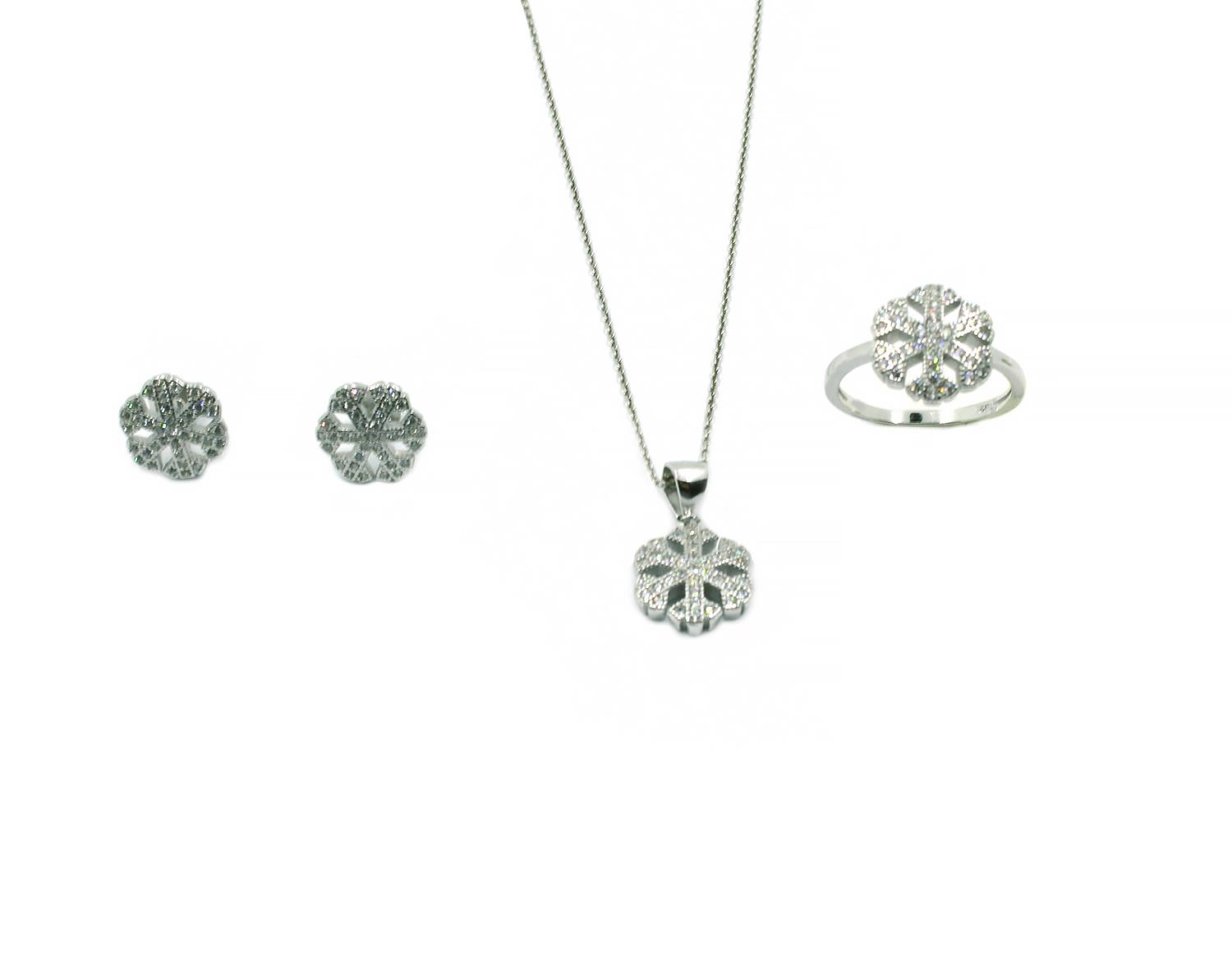 Kar Taneli Zirkon Taşlı Gümüş Bayan Üçlü Takım Yüzük Küpe