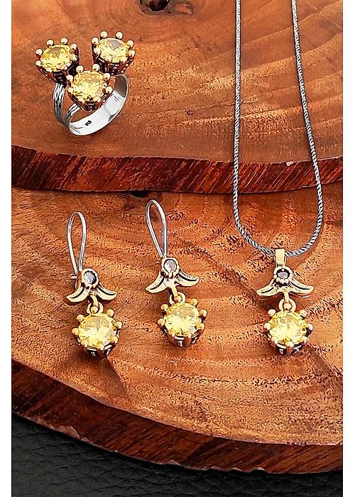Sitrin Taşlı Otantik Gümüş Üçlü Set Kadın Yüzük Küpe Kolye Takım SET-340