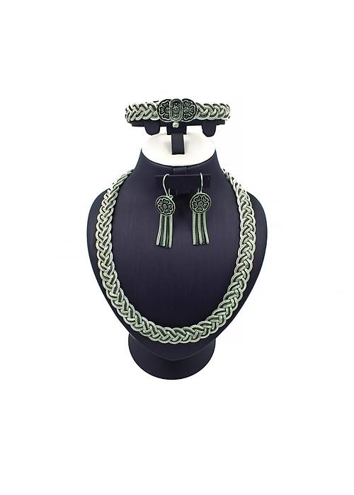 Kadın Midyat Hasırı Gümüş Takım Küpe Bileklik Kolye Set Oksitli Örgülü Takım TKM-207