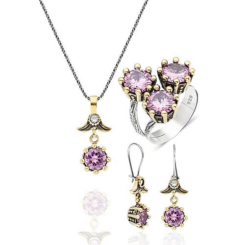 Pembe Kuvars Tal Otantik Gm l Set Kadn Yzk Kpe Kolye Takm SET-343
