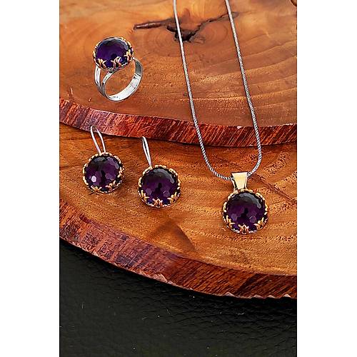Ametist Tal Otantik Gm l Set Kadn Yzk Kpe Kolye Takm SET-328