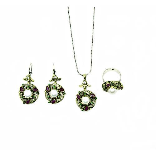 ncili Kk Yakut ve Zmrt Tal Otantik Gm Set Yzk Kpe Kolye SET-267