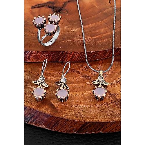 Pembe Kuvars Tal Otantik Gm l Set Kadn Yzk Kpe Kolye Takm SET-338