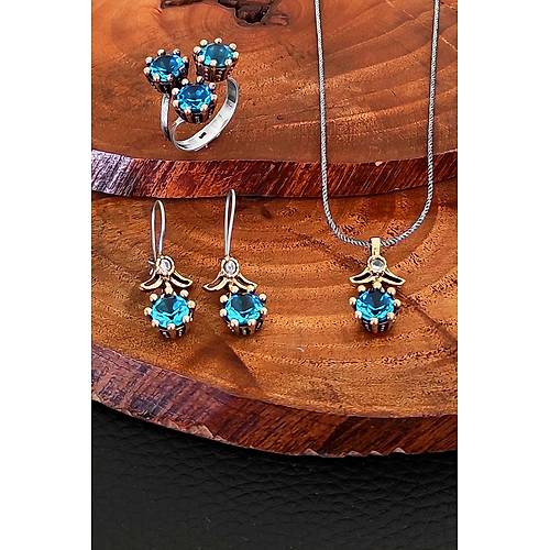 Akuamarin Tal Otantik Gm l Set Kadn Yzk Kpe Kolye Takm SET-334