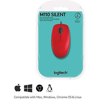 Logitech M110 Silent (Sessiz) Kablolu Optik USB Mouse - Kýrmýzý