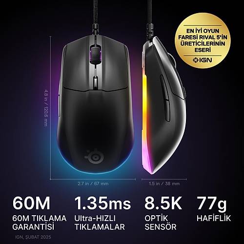 Steelseries Rival 3 Gen 2 RGB Kablolu Gaming Mouse Siyah