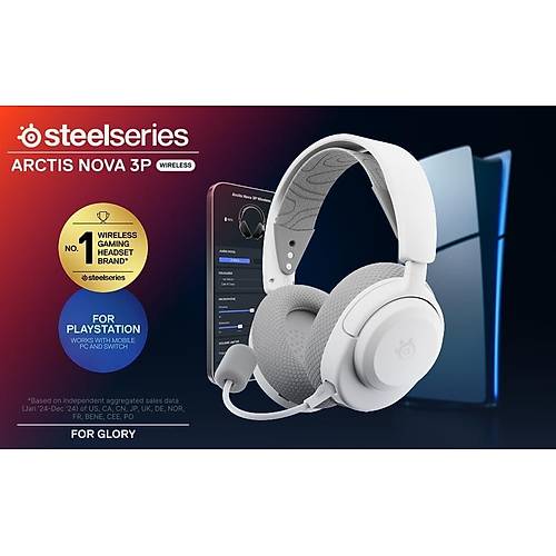 SteelSeries Arctis Nova 3P Wireless Beyaz Gaming Kulakl�k - Mobil Uygulama ile Kontrol - 40 Saat Pil �mr� PS5, PS4, PC, Switch, Mobil Uyumlu