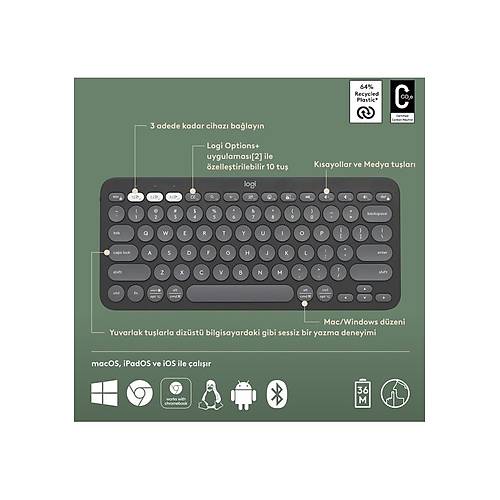Logitech Pebble Keys 2 K380S 920-011859 Kablosuz Klavye