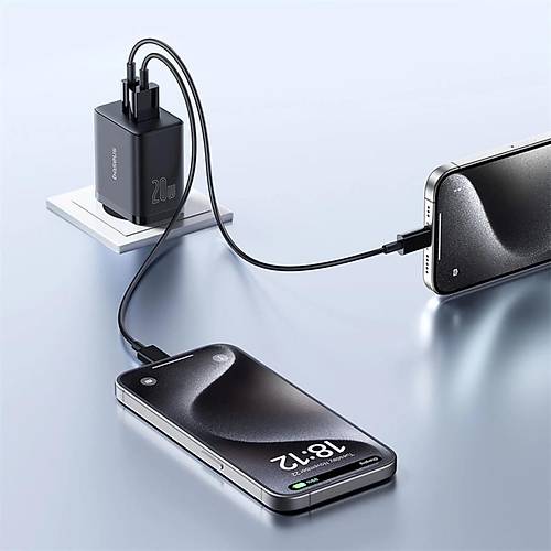 Baseus Cube Type-C + USB Giri�li U+C 20W H�zl� �arj Cihaz� iPhone 15 14 13 12 11 Uyumlu Samsung ve Android Uyumlu Beyaz