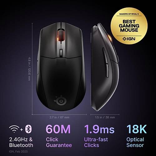 Steelseries Rival 3 Wireless Gen 2 Gaming Mouse - 2.4ghz ve Bluetooth Balant - Siyah