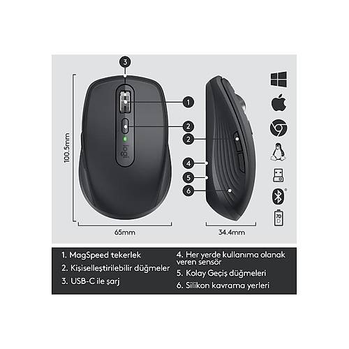 Logitech MX Anywhere 3S Kompakt Kablosuz Lazer Mouse