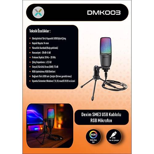 Dexim DMK003 RGB Tripodlu PC/PS5 Uyumlu Siyah Oyuncu ve Yay�nc� Mikrofonu