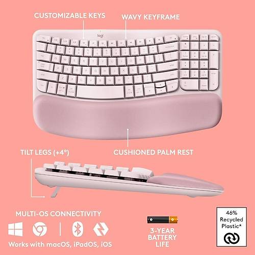 Logitech Wave Keys Kablosuz Bluetooth ngilizce Q Pembe Klavye