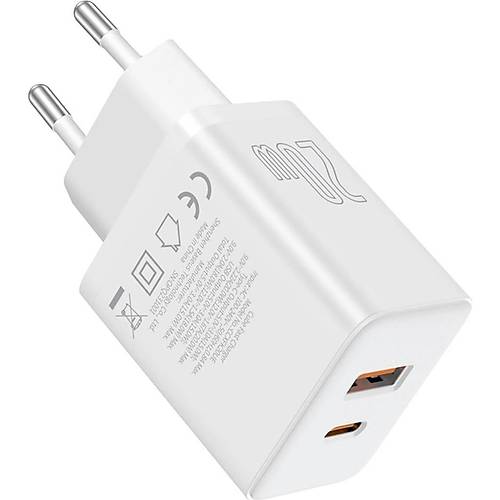 Baseus Cube Type-C + USB Giri�li U+C 20W H�zl� �arj Cihaz� iPhone 15 14 13 12 11 Uyumlu Samsung ve Android Uyumlu Beyaz