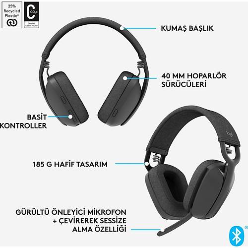 Logitech Zone Vibe 100 Mikrofonlu Kablosuz Bluetooth Kulak st Kulaklk - Siyah