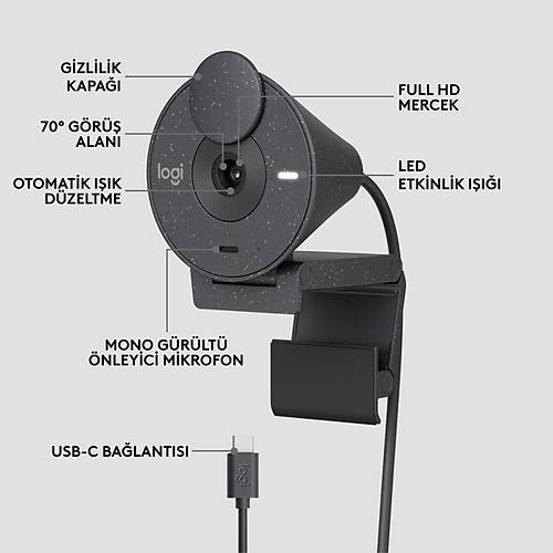 Logitech BRIO 300 Full HD 1080p Gizlilik Kapakl Mikrofonlu Web Kameras - Siyah