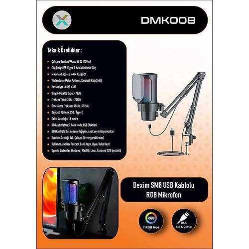 Dexim DMK008 RGB Gaming Masa Standl�  PC/PS5 Uyumlu Siyah Profesyonel Oyuncu ve Yay�nc� Mikrofonu