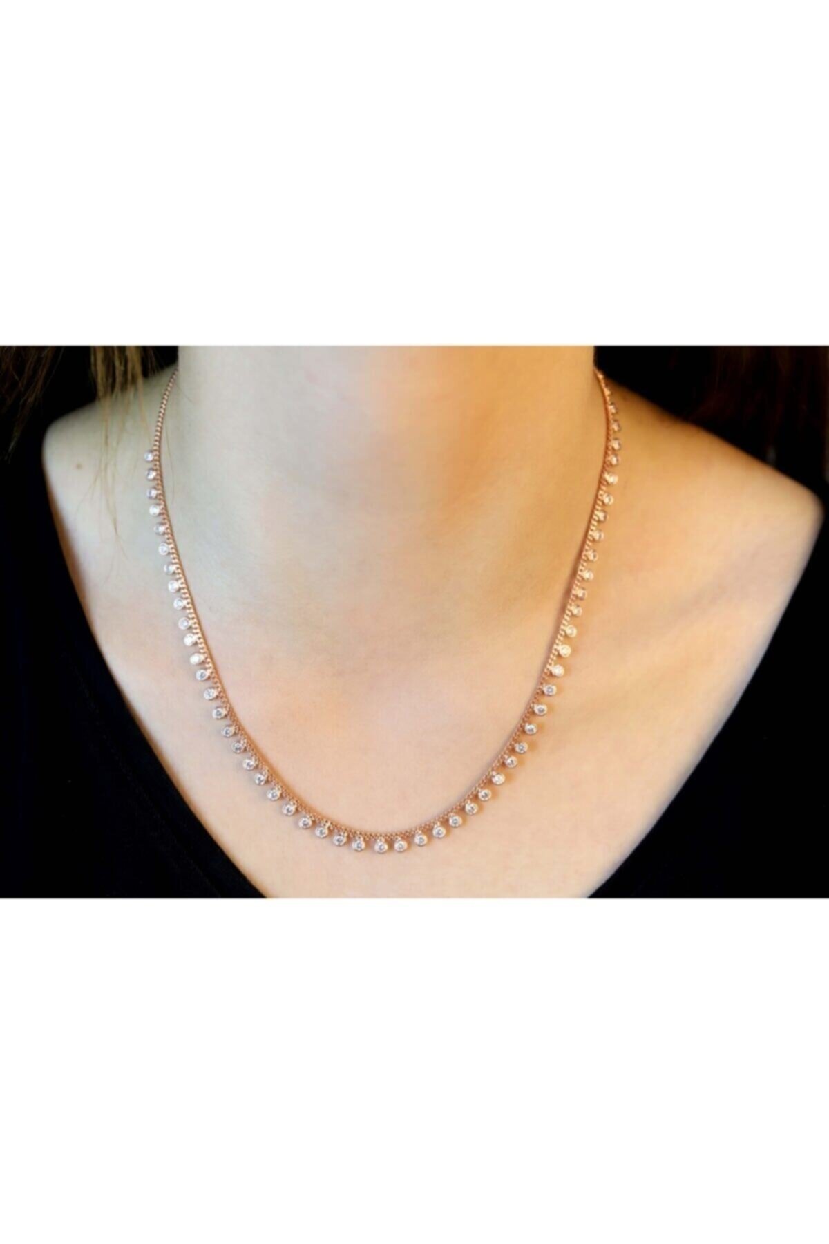 925 Ayar Gümüş Rose Zirkon Taşlı Sıralı Tiffany Kolye Dgn20178