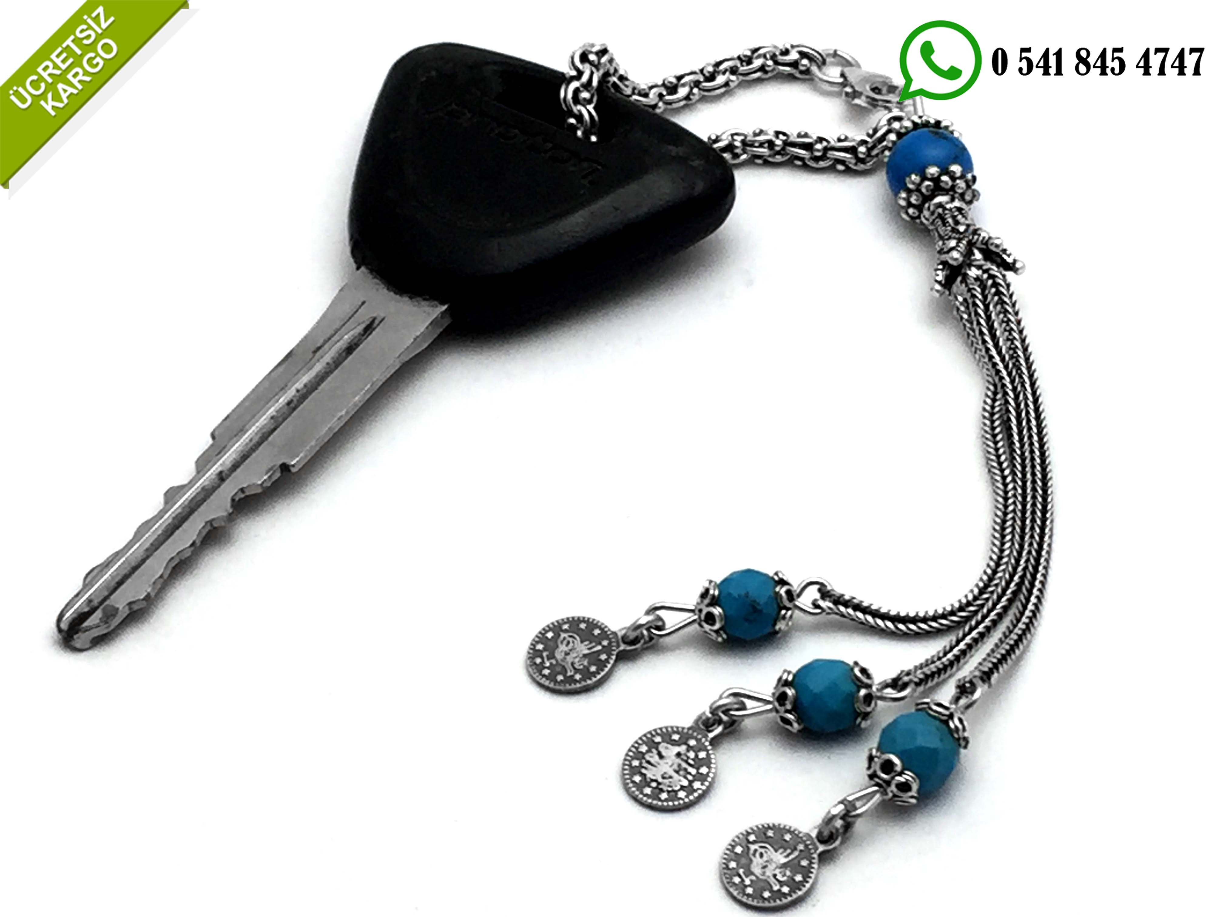 925 Ayar Firüze Taşlı Tespih Model Oksitli Gümüş Anahtarlık Stok Kodu:2018453